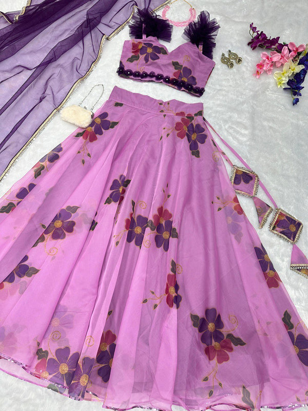 Exquisite Pink Floral Organza Lehenga with Mirrorwork - Ready to Wear ClothsVilla