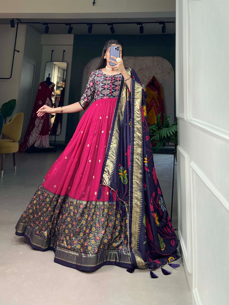 Exquisite Pink Ready to Wear Tussar Silk Foil Print Gown with Dupatta ClothsVilla