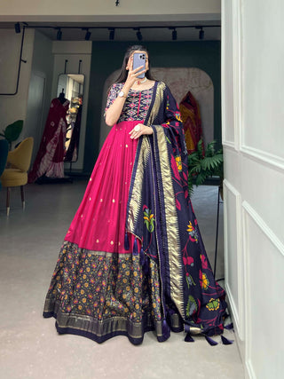 Exquisite Pink Ready to Wear Tussar Silk Foil Print Gown with Dupatta ClothsVilla