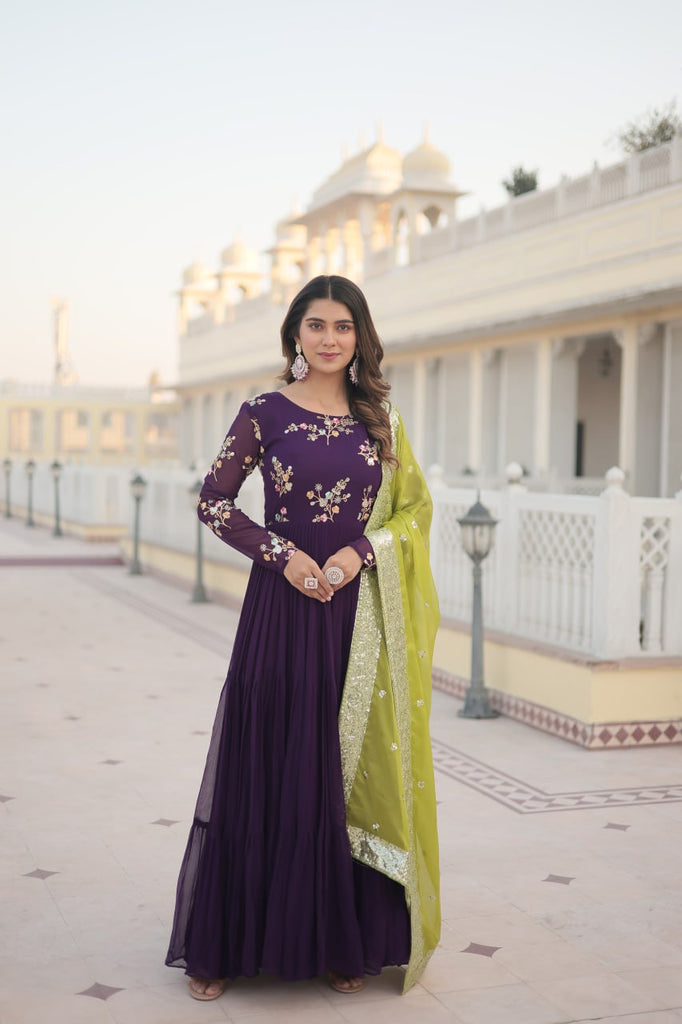 Exquisite Purple Faux Georgette Gown with Embroidered Threadwork and Russian Silk Dupatta ClothsVilla