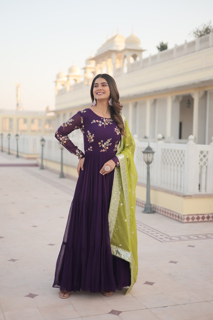 Exquisite Purple Faux Georgette Gown with Embroidered Threadwork and Russian Silk Dupatta ClothsVilla