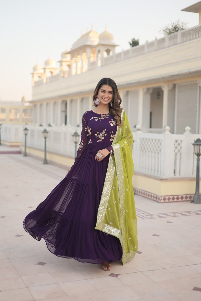 Exquisite Purple Faux Georgette Gown with Embroidered Threadwork and Russian Silk Dupatta ClothsVilla