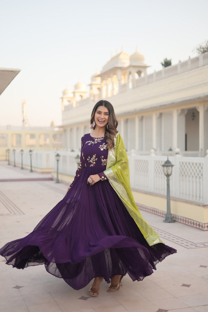 Exquisite Purple Faux Georgette Gown with Embroidered Threadwork and Russian Silk Dupatta ClothsVilla