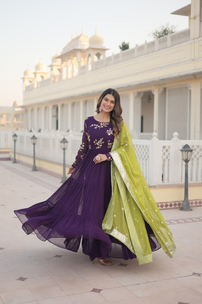 Exquisite Purple Faux Georgette Gown with Embroidered Threadwork and Russian Silk Dupatta ClothsVilla