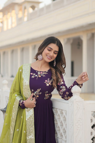 Exquisite Purple Faux Georgette Gown with Embroidered Threadwork and Russian Silk Dupatta ClothsVilla