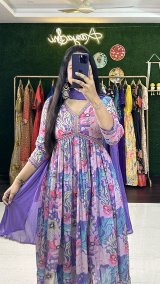 Exquisite Purple Hand-Embroidered Cotton Masleen Alia Cut Suit Set with Digital Shine Prints ClothsVilla