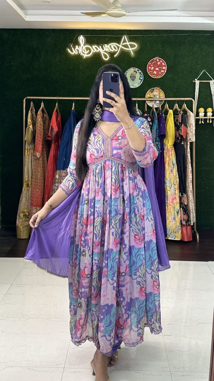 Exquisite Purple Hand-Embroidered Cotton Masleen Alia Cut Suit Set with Digital Shine Prints ClothsVilla Main image