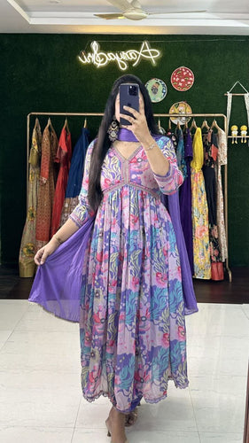 Exquisite Purple Hand-Embroidered Cotton Masleen Alia Cut Suit Set with Digital Shine Prints ClothsVilla