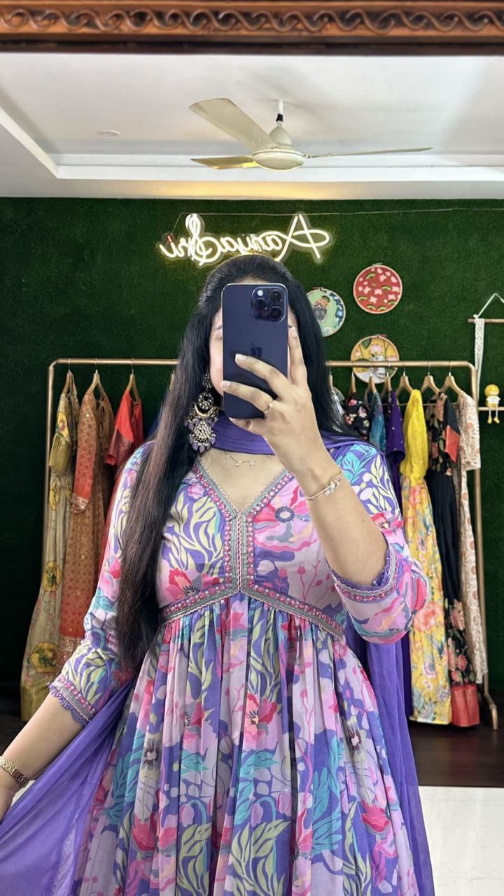 Exquisite Purple Hand-Embroidered Cotton Masleen Alia Cut Suit Set with Digital Shine Prints ClothsVilla