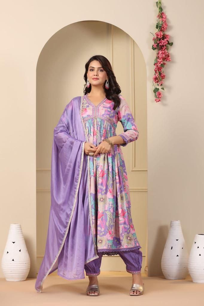Exquisite Purple Hand-Embroidered Cotton Masleen Alia Cut Suit Set with Digital Shine Prints ClothsVilla