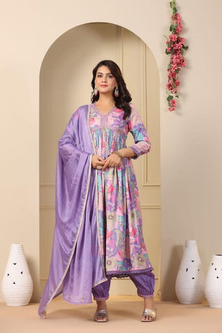 Exquisite Purple Hand-Embroidered Cotton Masleen Alia Cut Suit Set with Digital Shine Prints ClothsVilla