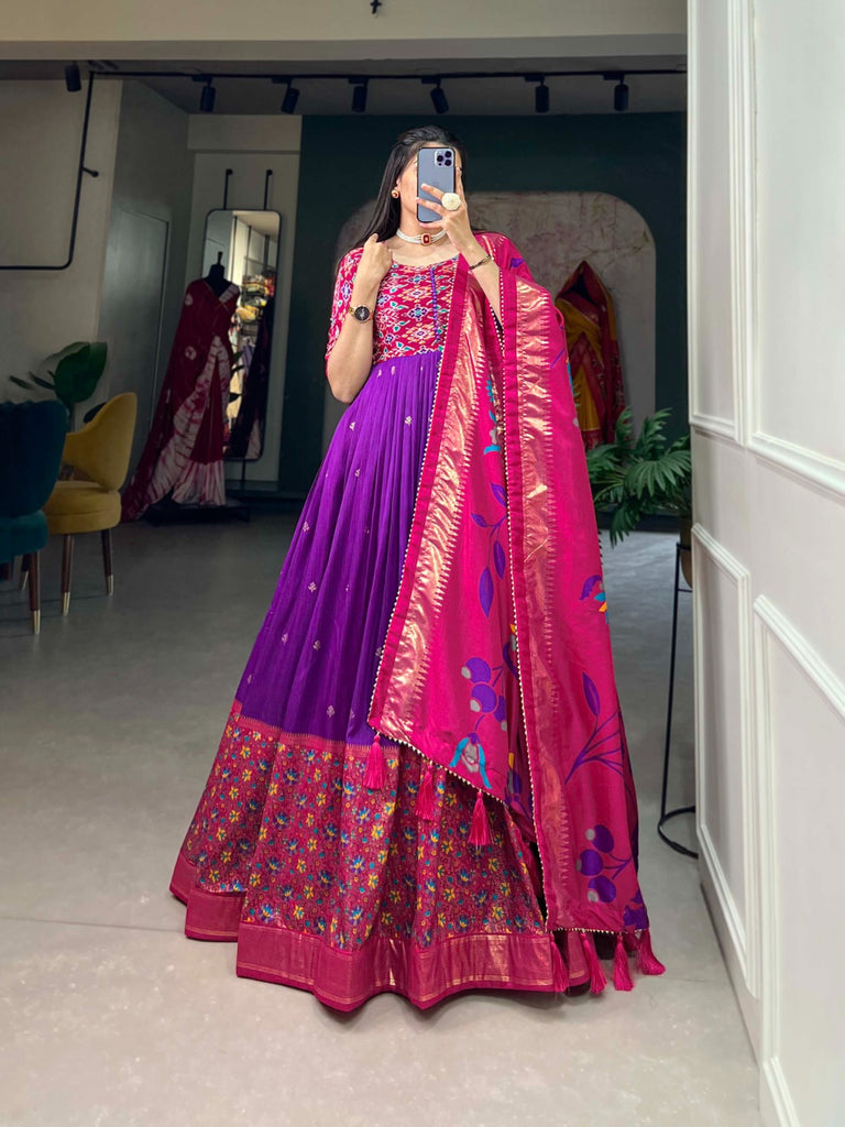 Exquisite Purple Ready to Wear Tussar Silk Foil Print Gown with Dupatta ClothsVilla