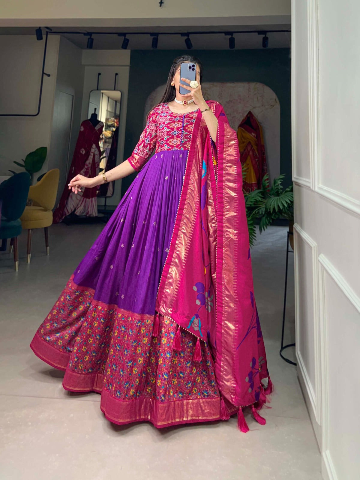 Exquisite Purple Ready to Wear Tussar Silk Foil Print Gown with Dupatta ClothsVilla