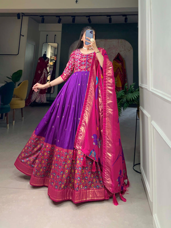 Exquisite Purple Ready to Wear Tussar Silk Foil Print Gown with Dupatta ClothsVilla