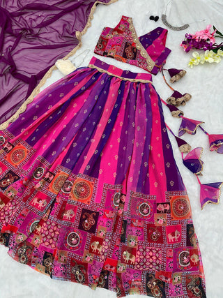 Exquisite Purple Real Kalamkari Lehenga with Modern Touch ClothsVilla