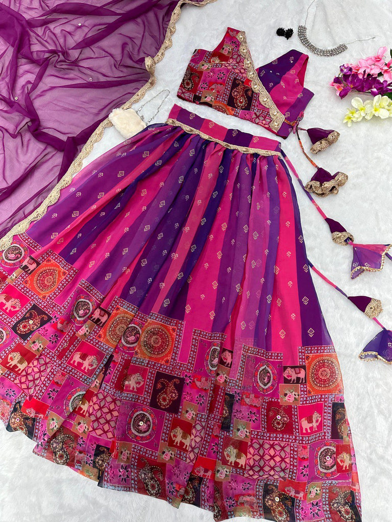 Exquisite Purple Real Kalamkari Lehenga with Modern Touch ClothsVilla