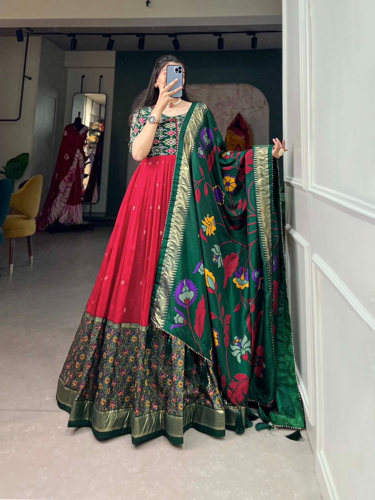 Exquisite Red Ready to Wear Tussar Silk Foil Print Gown with Dupatta ClothsVilla Main image