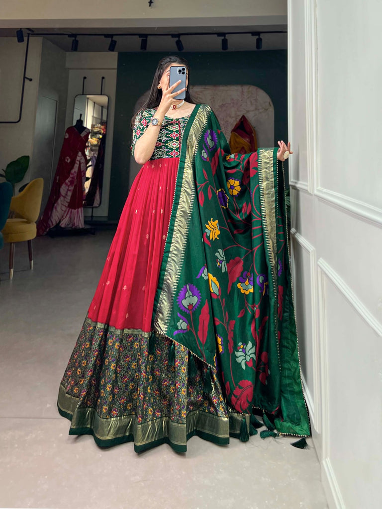 Exquisite Red Ready to Wear Tussar Silk Foil Print Gown with Dupatta ClothsVilla