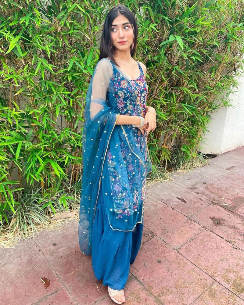 Exquisite Royal Blue Sharara Suit with Diamond Stonework ClothsVilla Main image