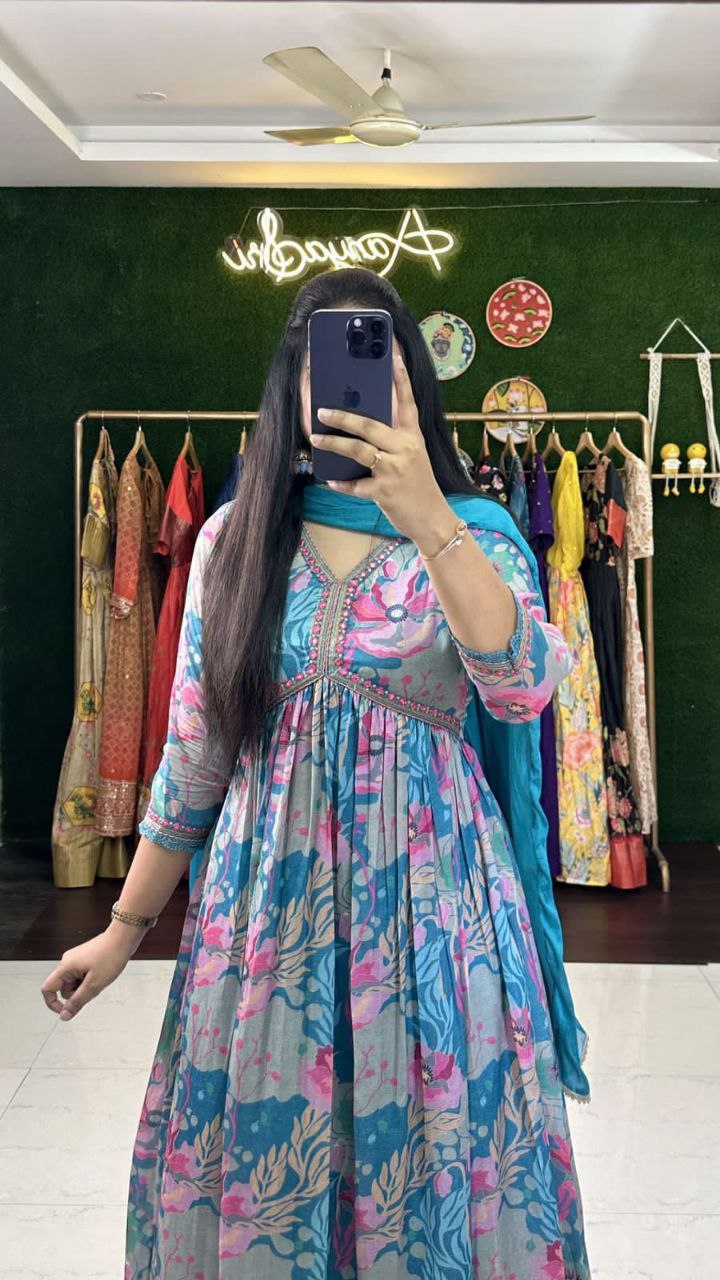 Exquisite Sky Blue Hand-Embroidered Cotton Masleen Alia Cut Suit Set with Digital Shine Prints ClothsVilla