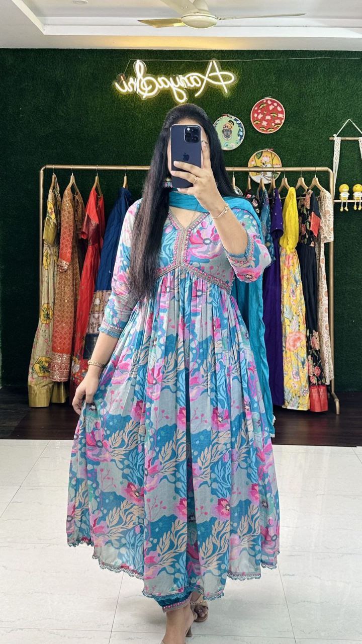 Exquisite Sky Blue Hand-Embroidered Cotton Masleen Alia Cut Suit Set with Digital Shine Prints ClothsVilla