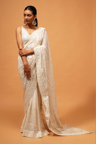 Exquisite White Designer Saree: Luxurious Georgette with Dazzling Embroidery & Sequins ClothsVilla
