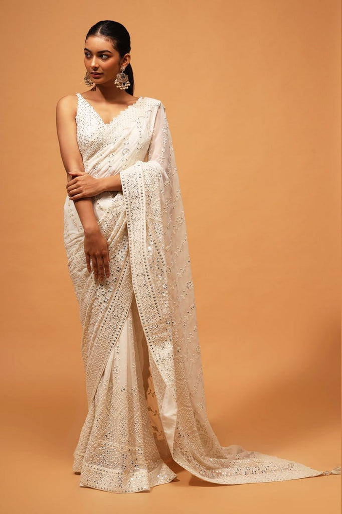 Exquisite White Designer Saree: Luxurious Georgette with Dazzling Embroidery & Sequins ClothsVilla
