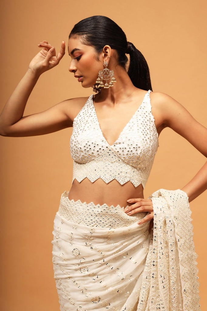 Exquisite White Designer Saree: Luxurious Georgette with Dazzling Embroidery & Sequins ClothsVilla