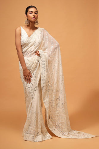 Exquisite White Designer Saree: Luxurious Georgette with Dazzling Embroidery & Sequins ClothsVilla