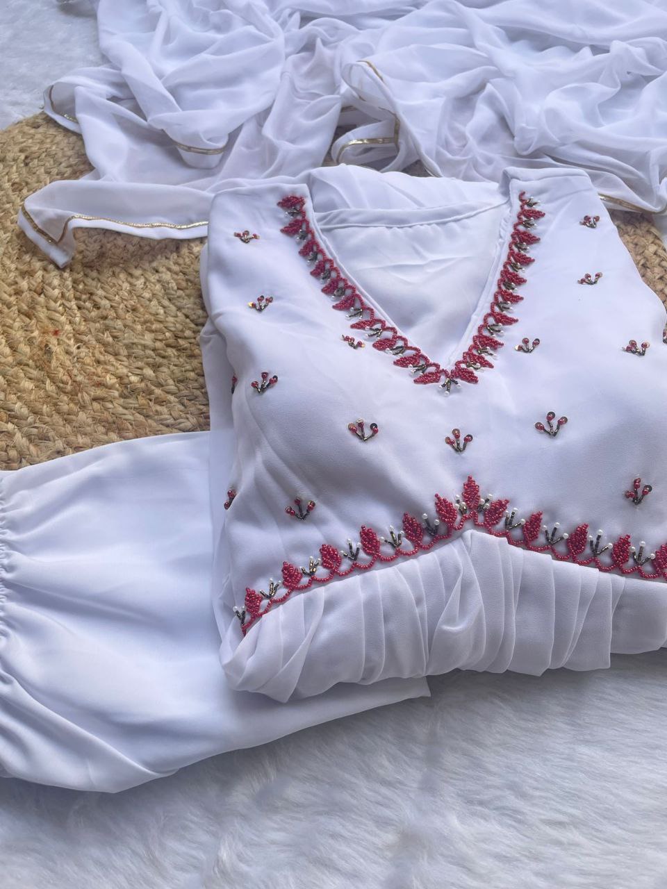 Exquisite White Fox Georgette Gown Elegance Blossoms with Dazzling Dupatta & Pants ClothsVilla Main image
