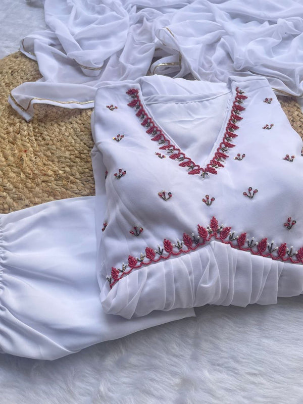 Exquisite White Fox Georgette Gown Elegance Blossoms with Dazzling Dupatta & Pants ClothsVilla