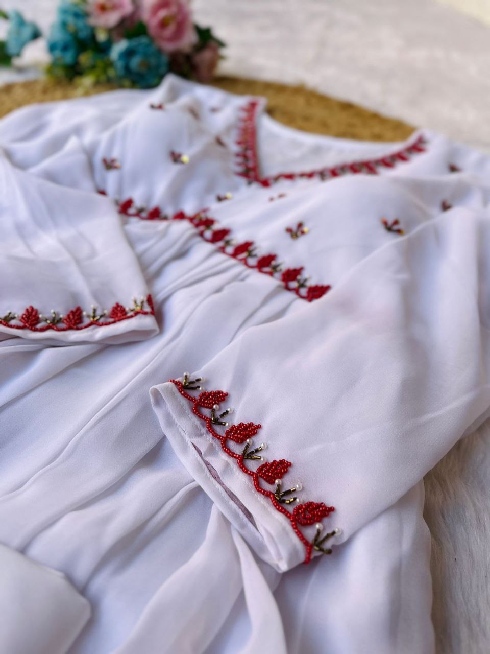 Exquisite White Fox Georgette Gown Elegance Blossoms with Dazzling Dupatta & Pants ClothsVilla