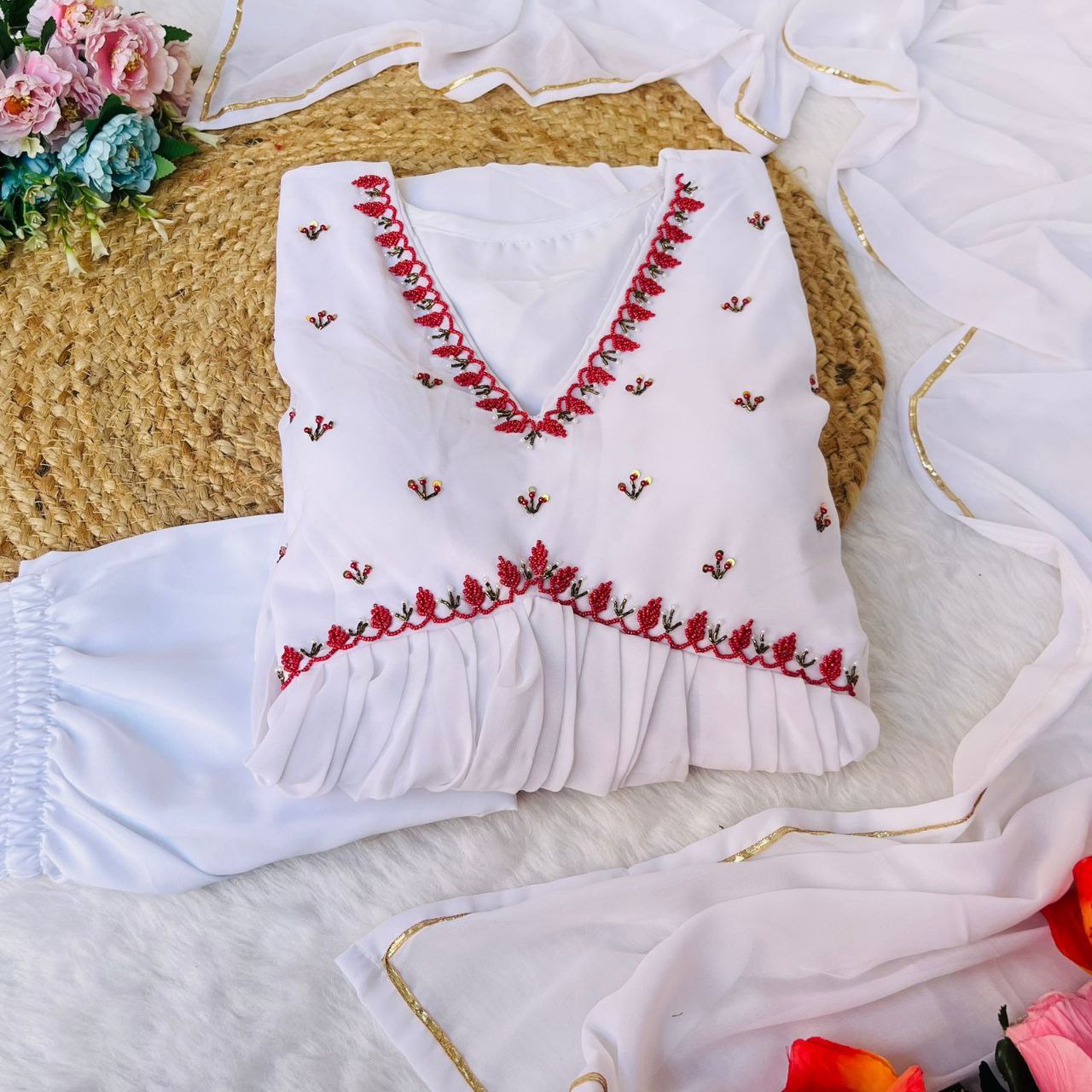 Exquisite White Fox Georgette Gown Elegance Blossoms with Dazzling Dupatta & Pants ClothsVilla