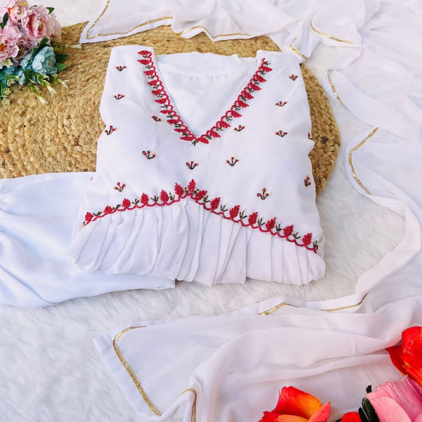 Exquisite White Fox Georgette Gown Elegance Blossoms with Dazzling Dupatta & Pants ClothsVilla