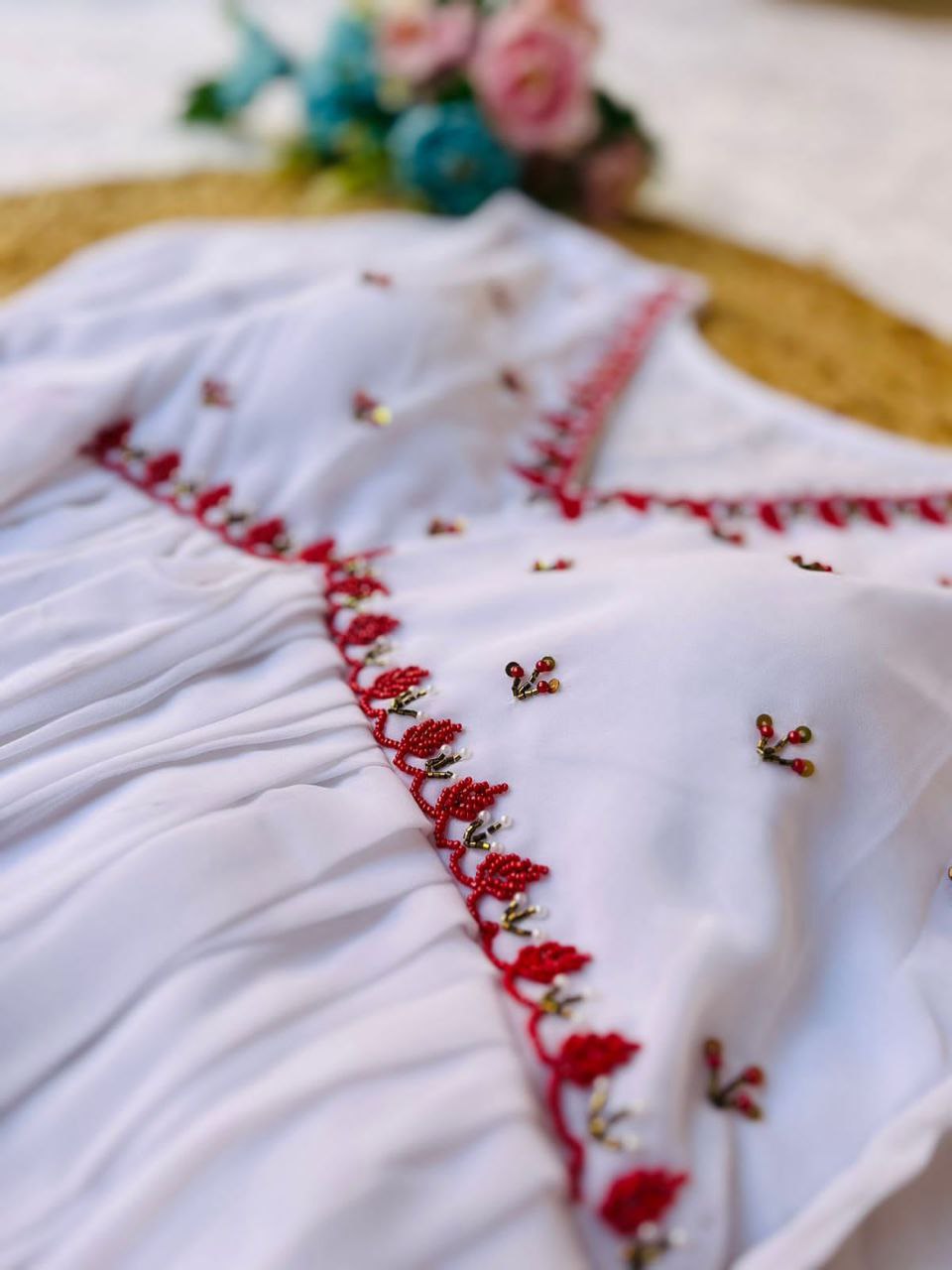 Exquisite White Fox Georgette Gown Elegance Blossoms with Dazzling Dupatta & Pants ClothsVilla