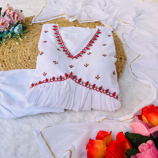 Exquisite White Fox Georgette Gown Elegance Blossoms with Dazzling Dupatta & Pants ClothsVilla