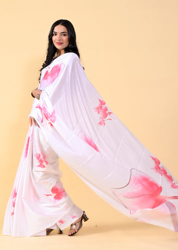 Exquisite White & Pink Floral Saree with Silk Blouse ClothsVilla