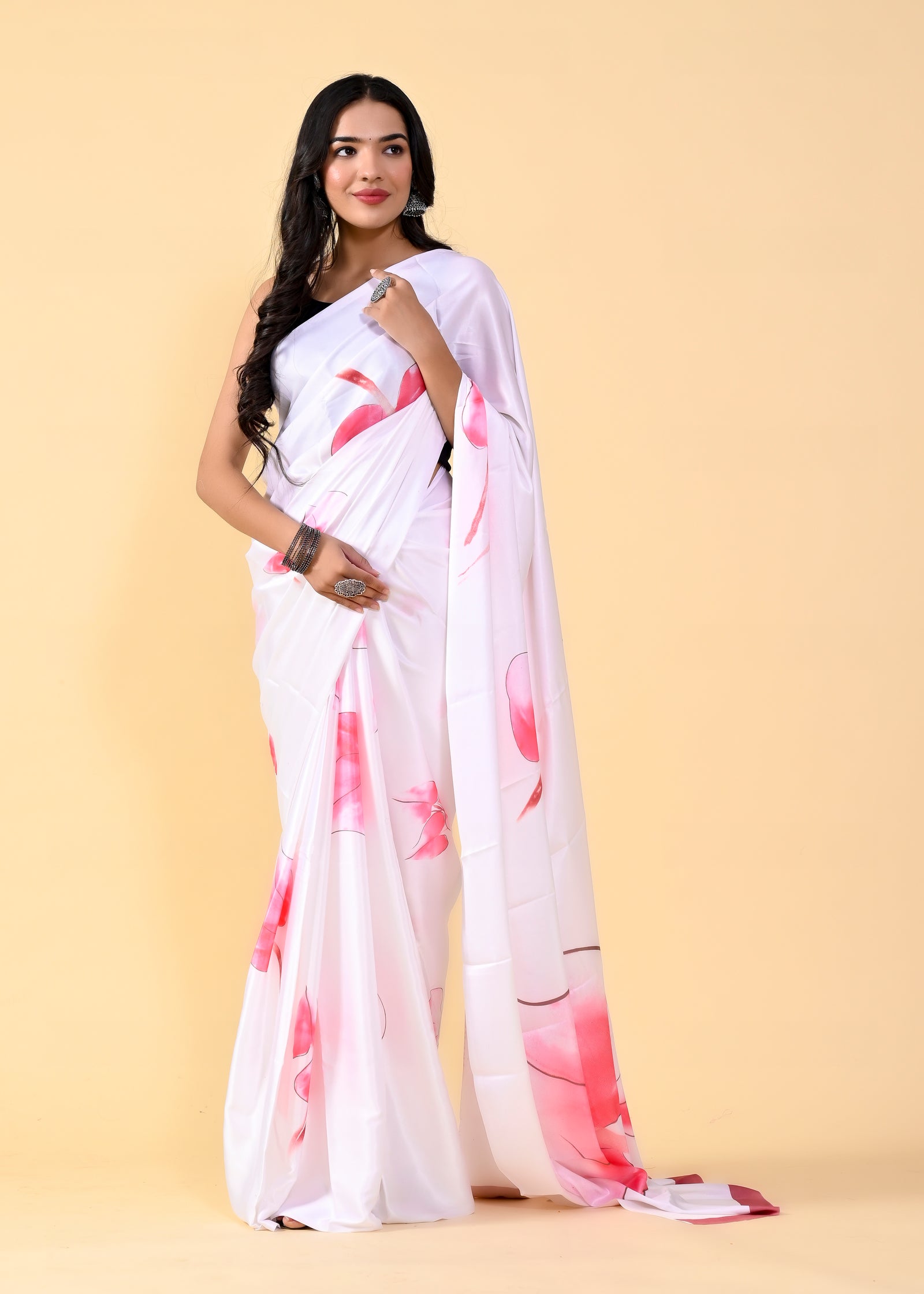 Exquisite White & Pink Floral Saree with Silk Blouse ClothsVilla