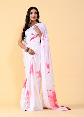 Exquisite White & Pink Floral Saree with Silk Blouse ClothsVilla