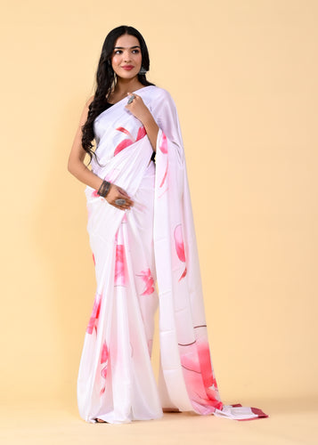 Exquisite White & Pink Floral Saree with Silk Blouse ClothsVilla
