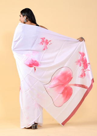 Exquisite White & Pink Floral Saree with Silk Blouse ClothsVilla