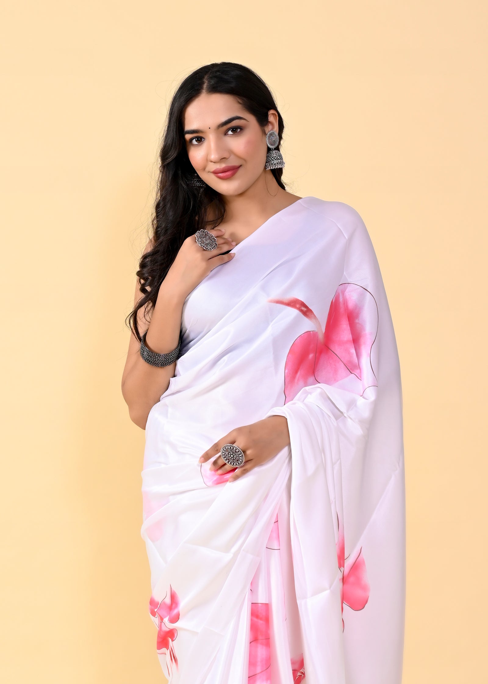 Exquisite White & Pink Floral Saree with Silk Blouse ClothsVilla