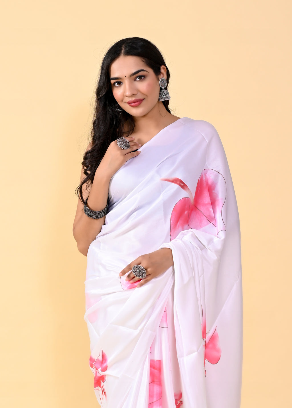 Exquisite White & Pink Floral Saree with Silk Blouse ClothsVilla