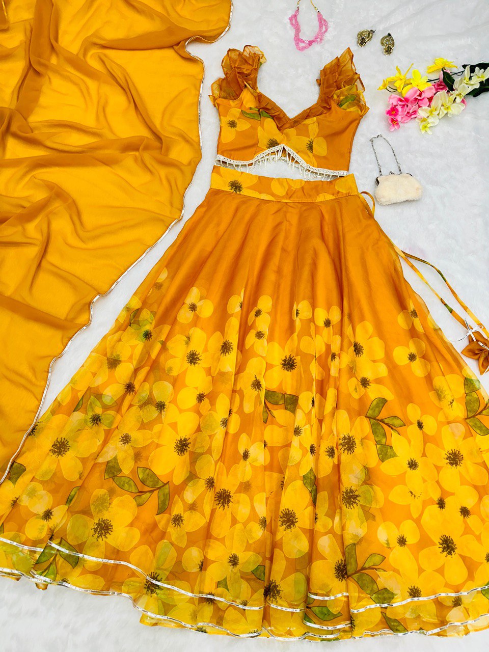 Exquisite Yellow Pure Organza Silk Lehenga Choli Set with Handwork ClothsVilla