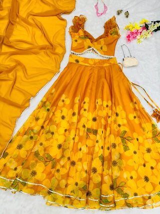 Exquisite Yellow Pure Organza Silk Lehenga Choli Set with Handwork ClothsVilla