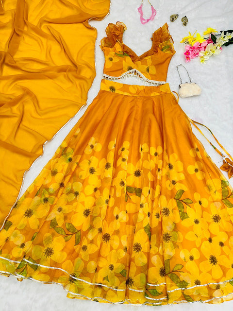 Exquisite Yellow Pure Organza Silk Lehenga Choli Set with Handwork ClothsVilla Main image