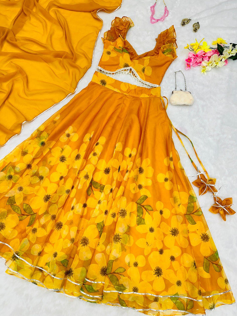Exquisite Yellow Pure Organza Silk Lehenga Choli Set with Handwork ClothsVilla