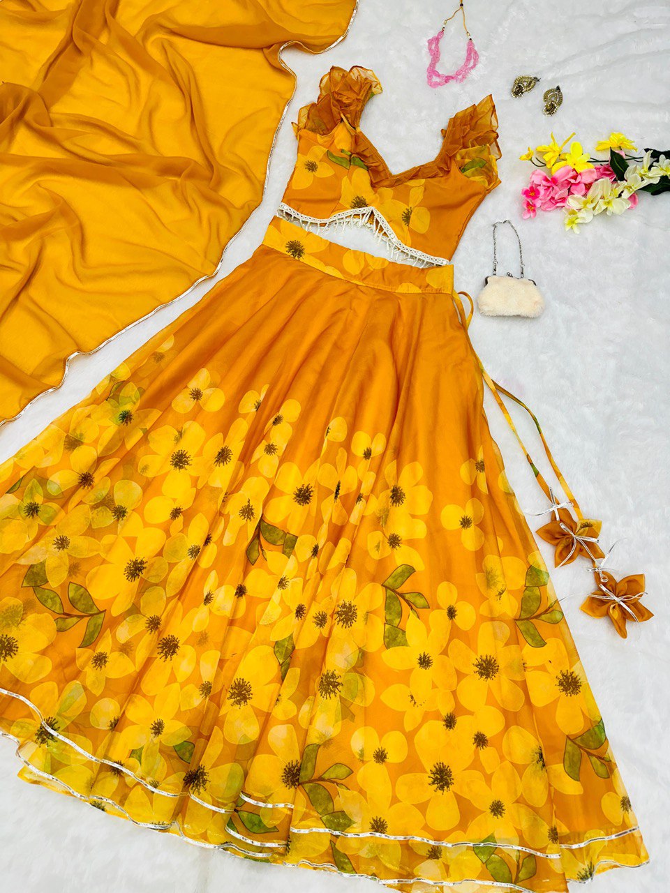 Exquisite Yellow Pure Organza Silk Lehenga Choli Set with Handwork ClothsVilla