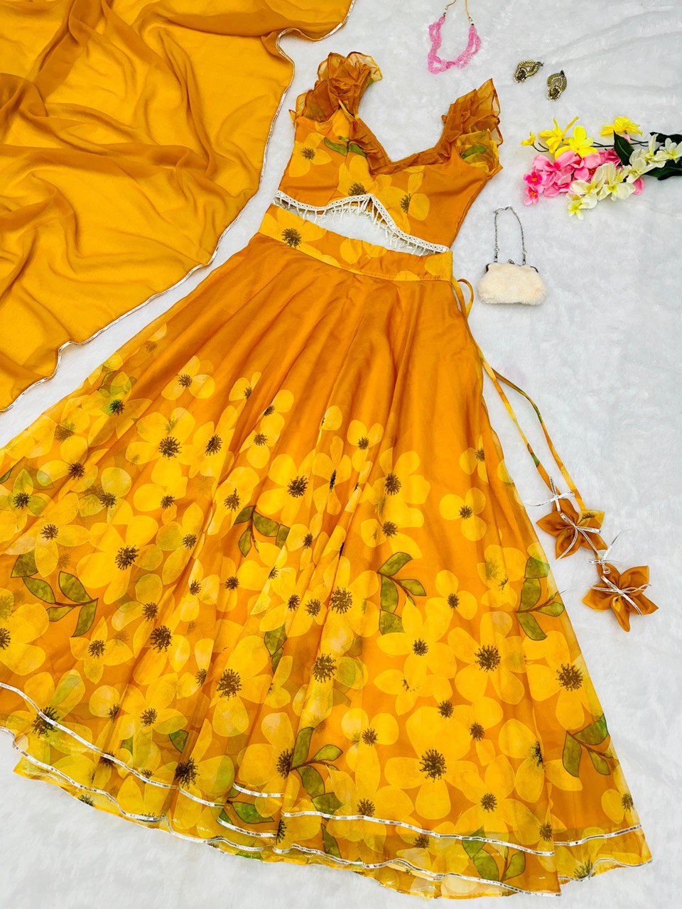 Exquisite Yellow Pure Organza Silk Lehenga Choli Set with Handwork ClothsVilla