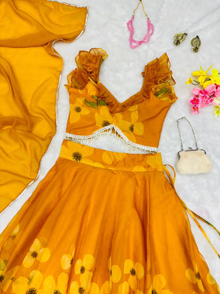 Exquisite Yellow Pure Organza Silk Lehenga Choli Set with Handwork ClothsVilla